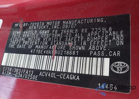 2008 Toyota Camry Xle from USA, damaged, VIN 4T1BE46K68U218681